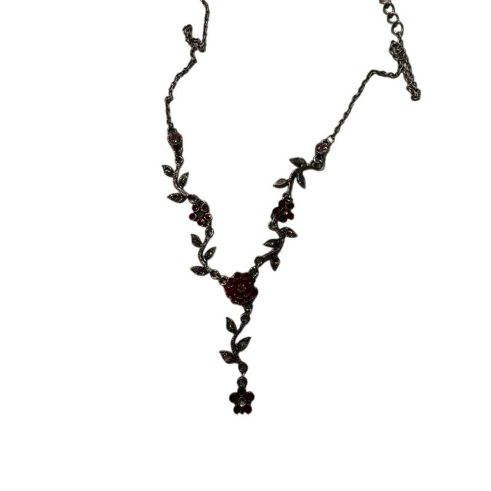 Ben-Amun Signed Vintage Silver Tone Marcasite Rose Flower Y Necklace